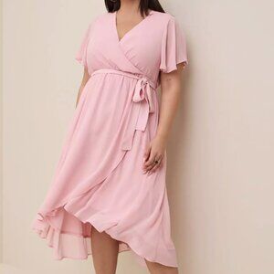 Midi Chiffon Flutter Sleeve Wrap Dress - Torrid - Worn Once - Pink - Size 3x